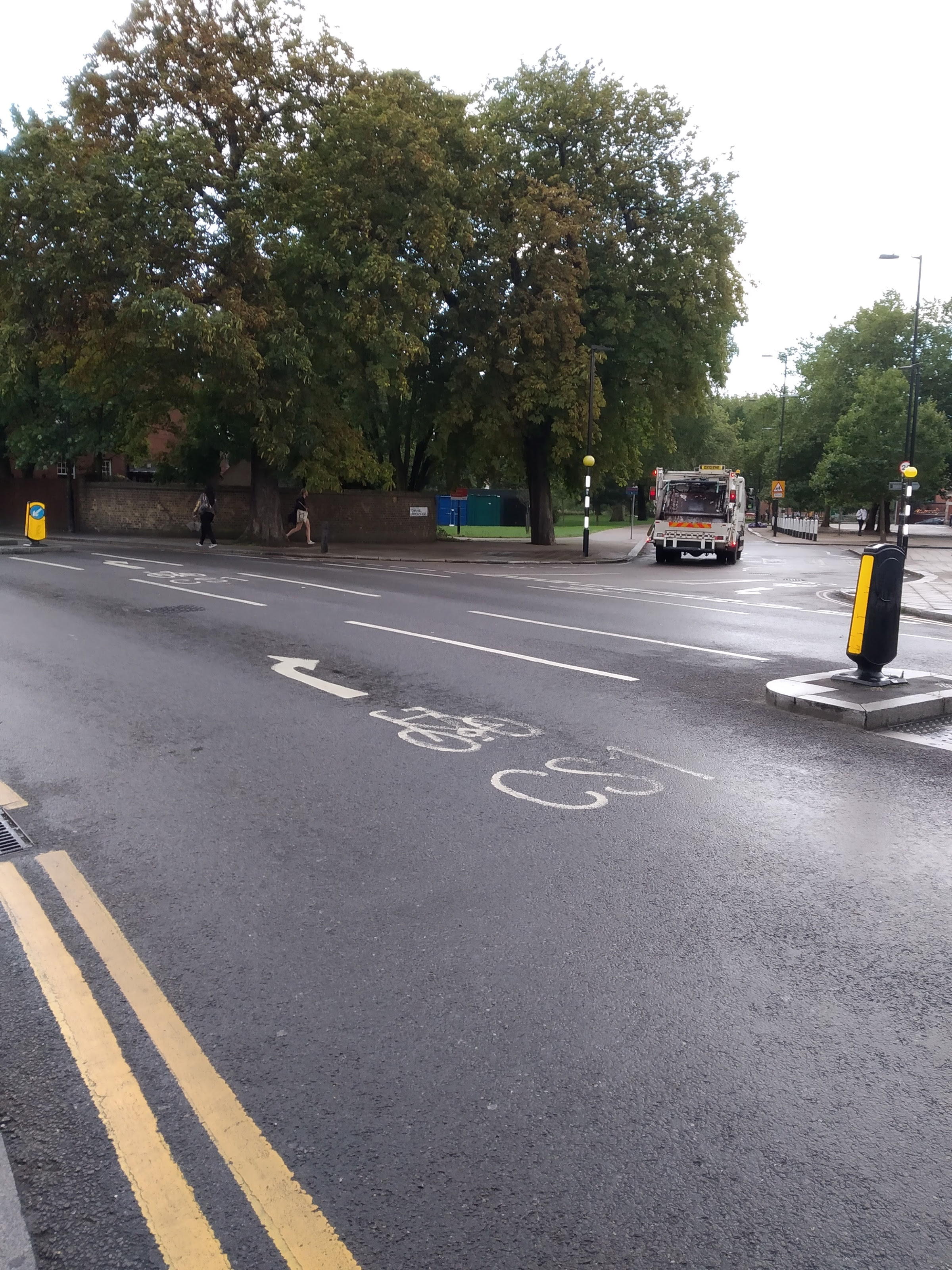 Southbound cyclists must cut across traffic to access Town Hall Approach Road, where the route continues